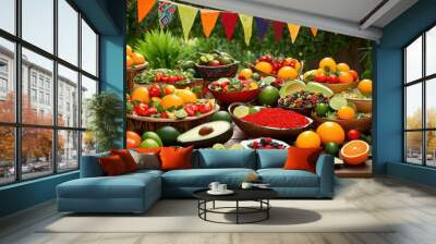 colorful vibrant ingredients crafted eye catching fiesta spread featuring lively dishes tempt taste buds, colors, fruits, vegetables, herbs, spices, bowls Wall mural