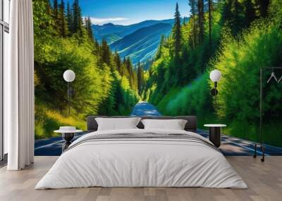 dynamic flow colorful traffic surrounded lush greenery scenic natural landscapes, adventure, architecture, avenues, backdrops, beauty, biophilia Wall mural