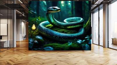 enchanting moonlit glade mystical snake, forest, woods, serpentine, mysterious, fantasy, moonlight, ethereal, surreal, enchantment, wilderness, creature Wall mural