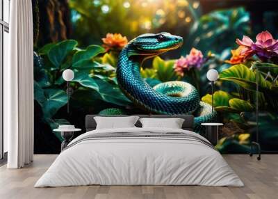 enchanting serpent mystical dusk garden ethereal glow, magical, snake, mysterious, twilight, botanical, otherworldly, luminous, bewitching, reptile, enchanted Wall mural