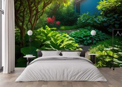 lush greenery serene outdoor environment abundant flora natural elements, plants, leaves, foliage, landscape, garden, scenery, sunlight, growth, habitat Wall mural