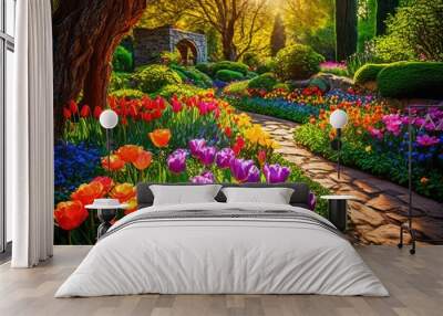 lush vibrant gardens featuring intricate colorful diverse textures under bright sunlight, pathway, flora, landscape, plant, flower, greenery, botanical Wall mural