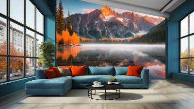 majestic mountain peaks bathed soft sunrise glow vibrant hues illuminating scenic landscape, altitude, backdrop, beauty, bliss, captivation, charming Wall mural