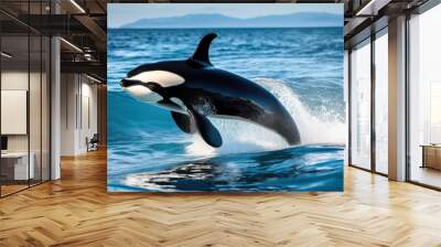 majestic orca gliding through lively ocean waves under bright sunlight, water, marine, swimming, sea, blue, animal, deep, playful, underwater, environment Wall mural