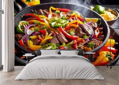 sizzling fajitas cooking iron skillet mexican cuisine food concept, grill, peppers, onions, meat, beef, chicken, pork, delicious, tasty, homemade, dish Wall mural