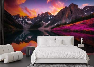 stunning majestic peaks sunset creating beautiful reflections serene lake landscape, alpine, mountainous, nature, terrain, sky, clouds, water, light Wall mural