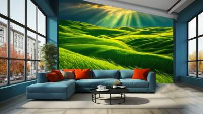 stunning panoramic view expansive green fields beneath dramatic sky cloud patterns sunlight, agriculture, landscape, meadow, pasture, ridge, vibrant Wall mural