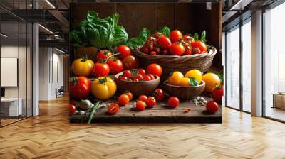 vibrant food arrangement showcasing wholesome ingredients bright colors freshness, nourishing, vegetables, fruits, herbs, textures, presentation, culinary Wall mural