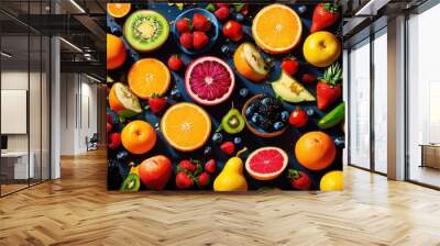 vibrant food icons displayed colorful backdrop featuring various culinary delights bright aesthetic elements, design, graphic, art, vegetable, fruit, plate Wall mural