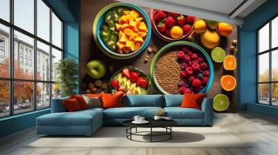 vibrant pet bowls featuring healthy organic ingredients displayed eye catching arrangement, food, nutrition, colorful, design, wellness, feeding, nature Wall mural