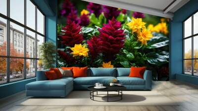 vibrant plant arrangement featuring rich diverse lush foliage eye catching display, colors, textures, greenery, flowers, leaves, composition, botanical Wall mural