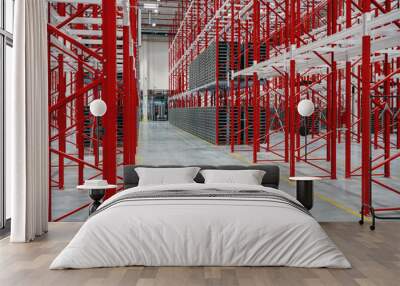 Red white racking system with grey plastic palettes inside warehouse Wall mural