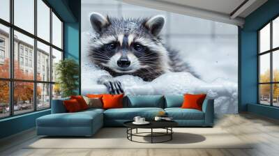  Wet raccoon i in the modern bath, with foam and water splash close-up with sunlight. Wall mural