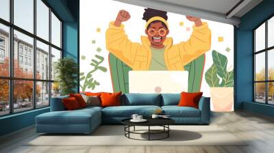 A happy young plus size woman smiles as she celebrates her online shopping purchase on her laptop. Wall mural