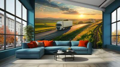 A white truck travels on a road through a countryside field as the sun set Wall mural