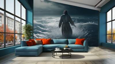 Jesus Christ walking on  water. Thunderstorm with huge  waves
 Wall mural