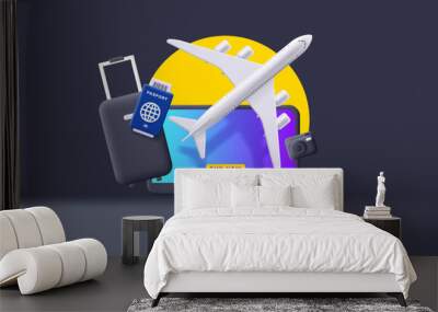 3d composition with travel suitcase, plane and passport, online tickets booking service, render illustration Wall mural