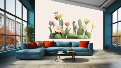 3d illustration of spring flowers on grass field, daisy and tulips on green grass. Cartoon render modern style Wall mural