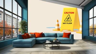 3d render illustration of yellow plastic wet floor sign with watter split and cones Wall mural