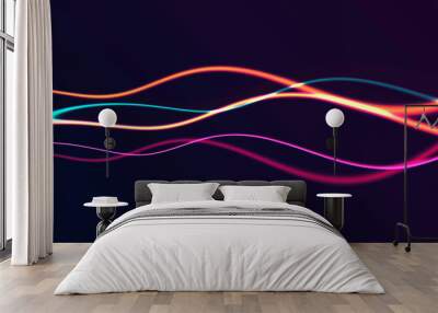 Abstract background with horizontal glowing neon lines forming energy wave Wall mural