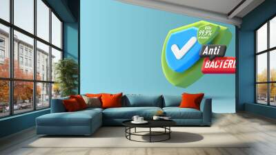 Anti bacterial lebel, 3d illustration of isometric shield with protection sign Wall mural