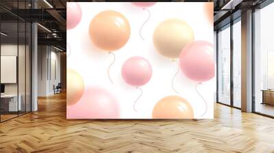 Background with pastel air balloons of round shape and confetti, flying in random on white backdrop, delicate soft light graphic illustration Wall mural