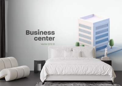 Business center building 3d render illustration with windows and trees, simple icon white colours Wall mural