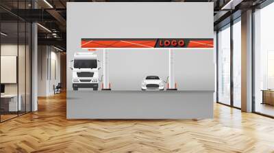 Detailed vector modern flat design illustration of the gas or petrol filling station. with road sign and prices stella and car and wagon on it refuelling Wall mural