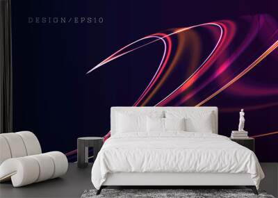 Dynamic abstract composition of bright neon light lines in motion forming chaotic shapes, abstract cover background Wall mural