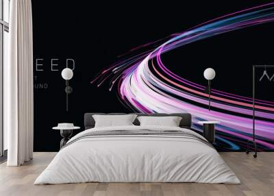 Dynamic composition of bright lines forming lights track of speed movement, futuristic dark background with neon glow, graphic design element Wall mural