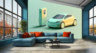 Futuristic composition of Electric Vehicle at charging station 3d render illustration. Modern SUV car illustration and power station to recharge Wall mural