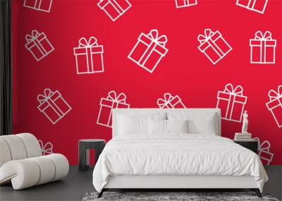 Seamless pattern of white simple line gift boxes on red backdrop Wall mural