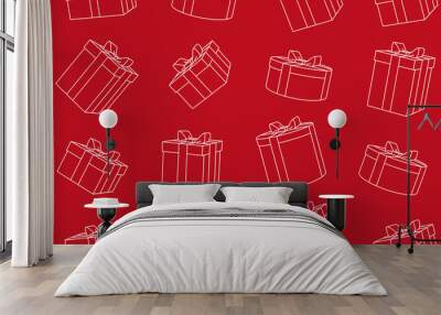 Seamless pattern with linear 3d gift boxes illustrations, red backdrop with white line Wall mural