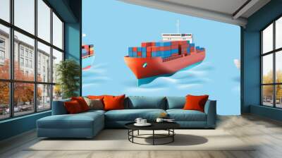 Set of colored cargo ships with containers, 3D. Rendering of cargo ships for international maritime trade and transportation design concepts. Vector Wall mural