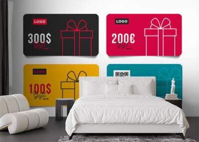 Set of gift cards vouchers with monetary reward in dollars with simple linear gift box illustration, front and back isolated templates with qr code place Wall mural