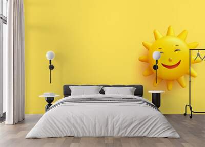 Smiling cute yellow sun, 3D, Banner for advertising positive, happy emotions, events, and celebrations. Icon, symbol, sign. Vector Wall mural