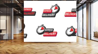 stopwatch logo with label text, express fast delivery tag, 3d black and red graphic, set of graphic  Wall mural