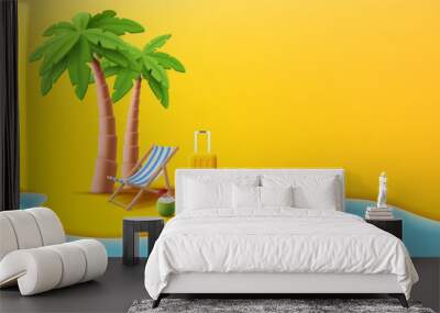 Summer travel 3d composition, beach line with sand and sea, modern colorful banner, 3d illustration of beach chait with suitcase and coconut cocktail Wall mural