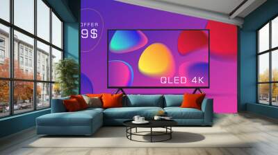 Web banner with smart TV set 3d illustration with bright fluid shapes wallpaper on it and special price offer in violet colors Wall mural