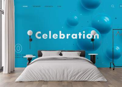 Website template, landing page home screen banner with round balloons, monochrome blue on blue background Wall mural