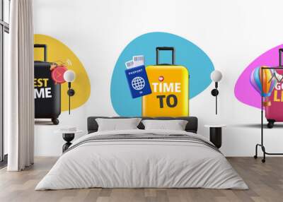 Yellow, blue and pink labels with 3d suitcase with different travel attributes like passport with tickets, clock and hot air balloons Wall mural