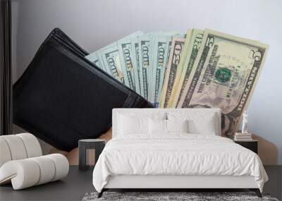 Pay with dollars. Get dollars out of your wallet. Dollar bills on a white background with a wallet Wall mural