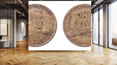 1923 Lincoln Wheat Cent Penny. USA. Both sides isolated on white background. Old coin. Wall mural