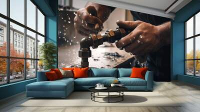 A man working to repair a leaking faucet in a kitchen Wall mural