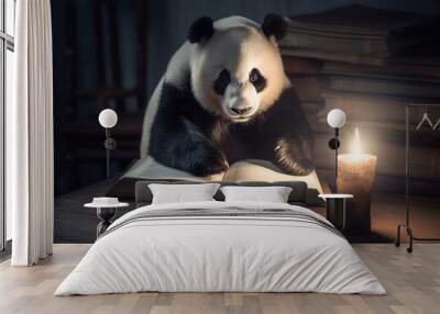 A panda seeking spiritual enlightenment through literature, retreats, and guidance. Generative AI Wall mural