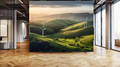 A wind turbine farm generating renewable green energy in a picturesque natural environment, contributing to sustainable development and eco friendly industries. Generative AI Wall mural