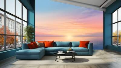 A serene sunrise over a calm ocean with soft pastel colors in the sky. AI-Generated. Wall mural