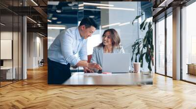 Confident asian office worker discussing work with mature business woman. Blurred background Wall mural