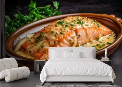 Baked salmon with cream sauce and parsley on a dark background Wall mural