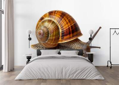 Brown garden snail crawls on white background. Wall mural